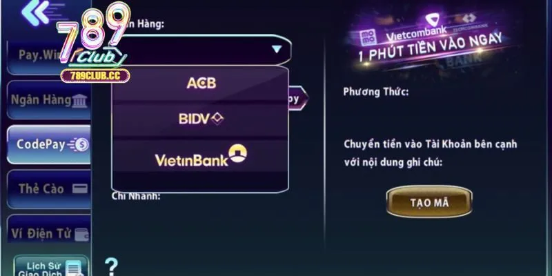 3 bước nạp tiền bằng tài khoản ngân hàng